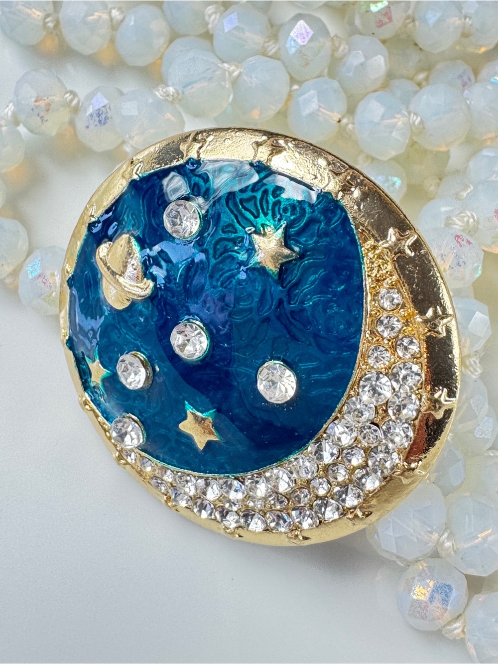 Celestial Blue Moon & Stars Crystal Brooch - Unbranded